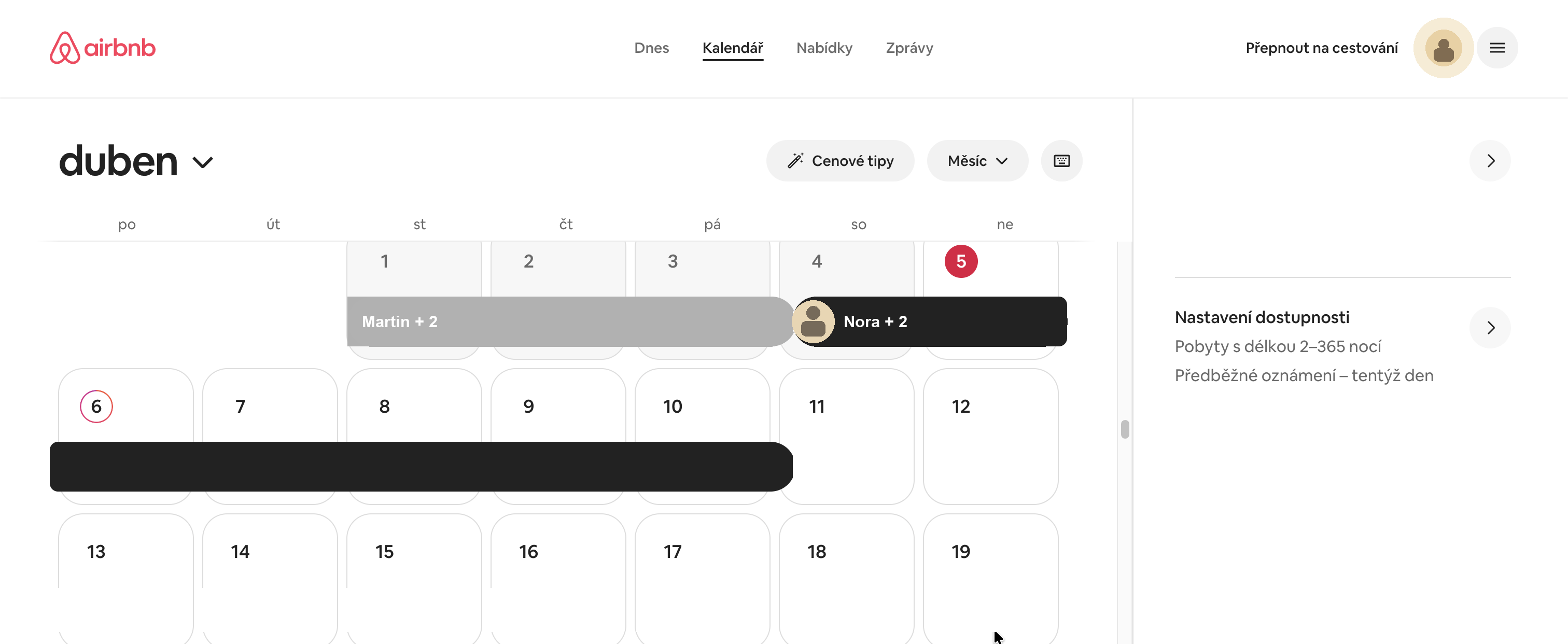 Màn hình lịch Airbnb