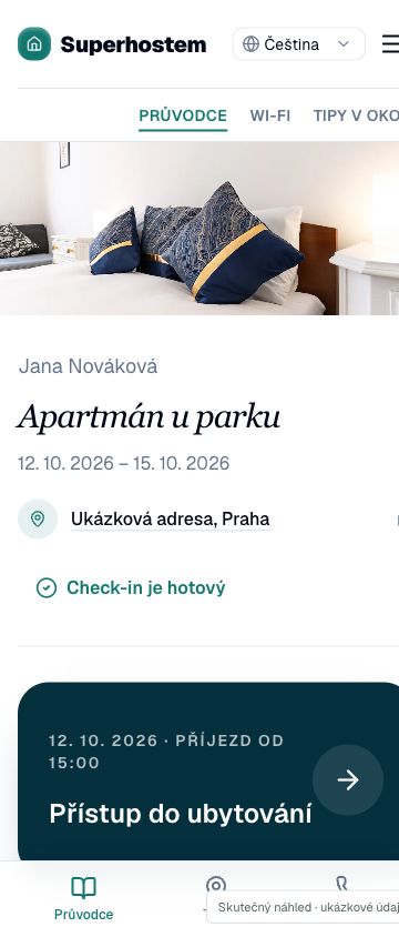 Mobilní náhled průvodce pro hosty s ukázkovými údaji