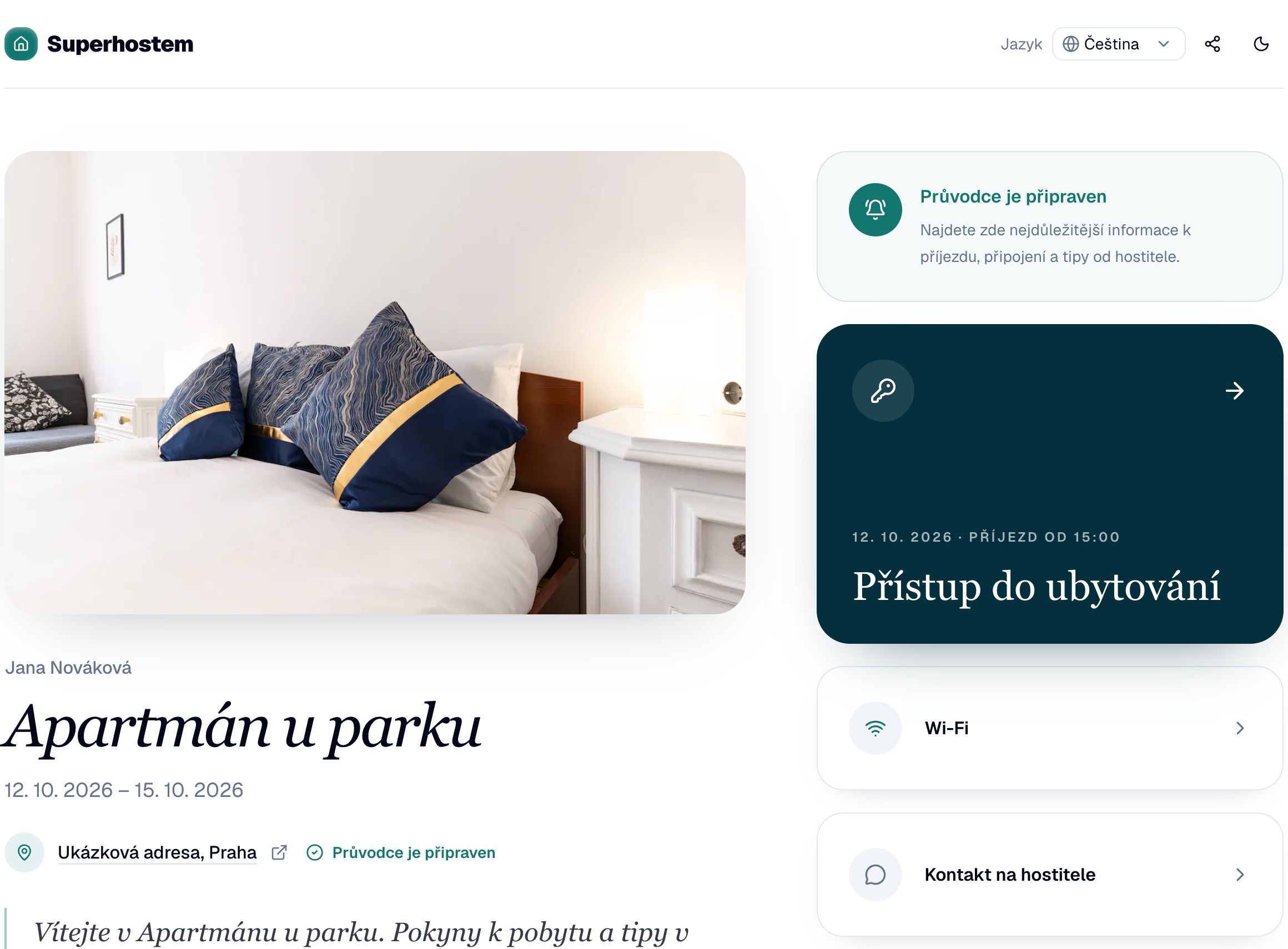 Skutečný průvodce pro hosty: pobyt, pokyny k příjezdu, Wi-Fi a kontakty, s ukázkovými údaji