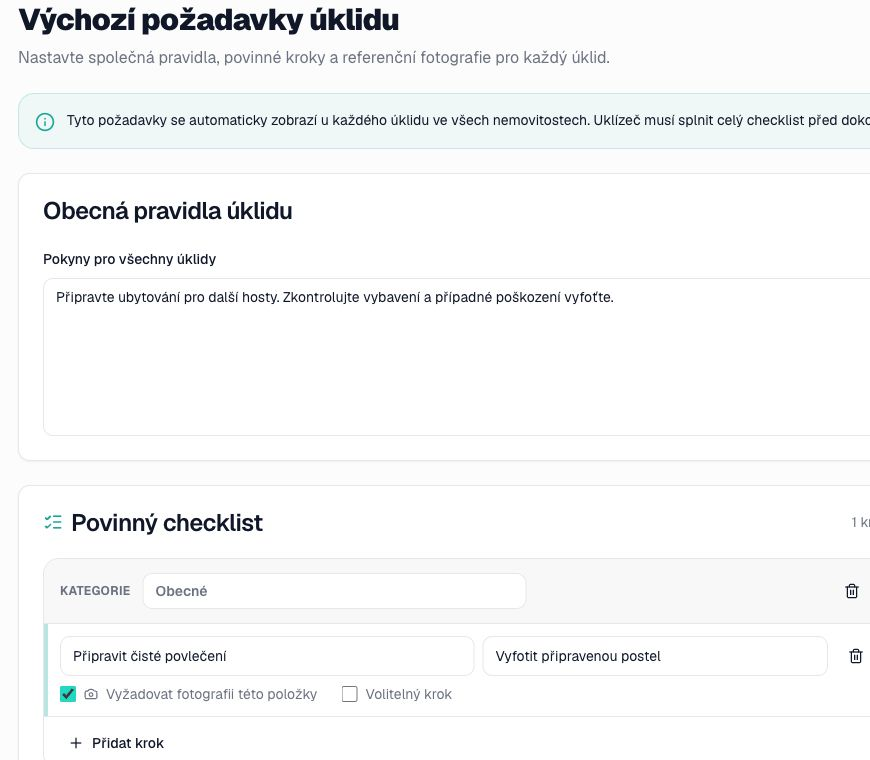 Editor požadavků a checklistu úklidu