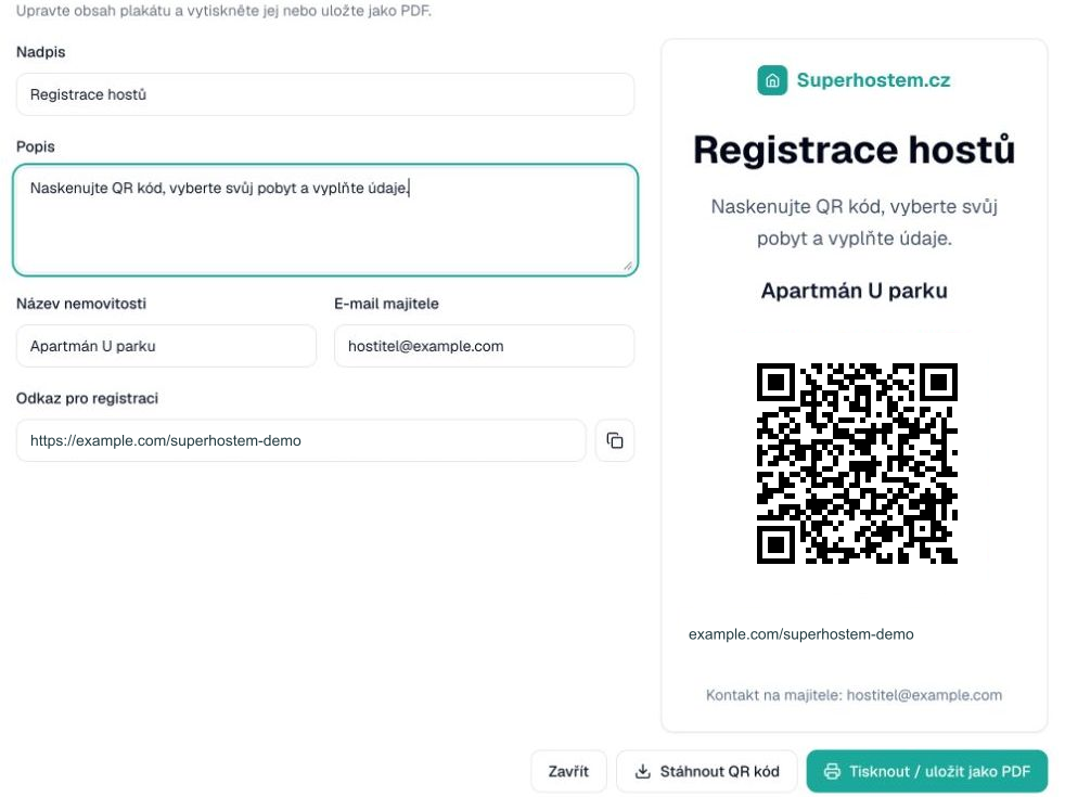 Editor QR plakátu s náhledem a tlačítky pro tisk a PDF